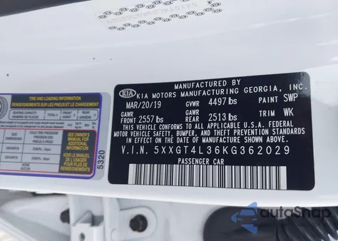 2019 Kia Optima S из США, поврежденный, VIN 5XXGT4L36KG362029